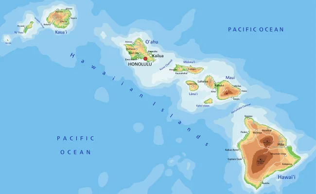 High detailed Hawaii physical map with labeling. Organized vector illustration on seprated layers.